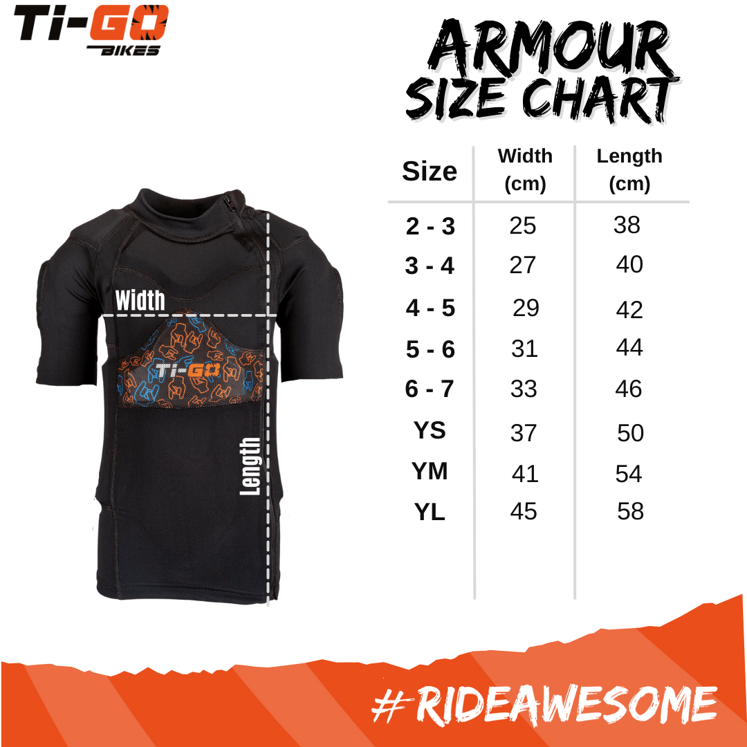 Ti-GO Kids Body Armour Short Sleeve Size Chart