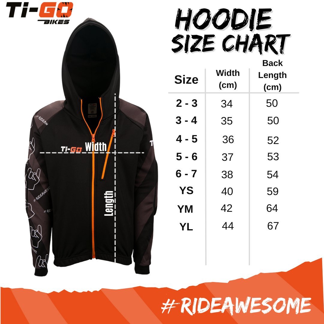 Kids BMX MTB Hoodie sizing chart